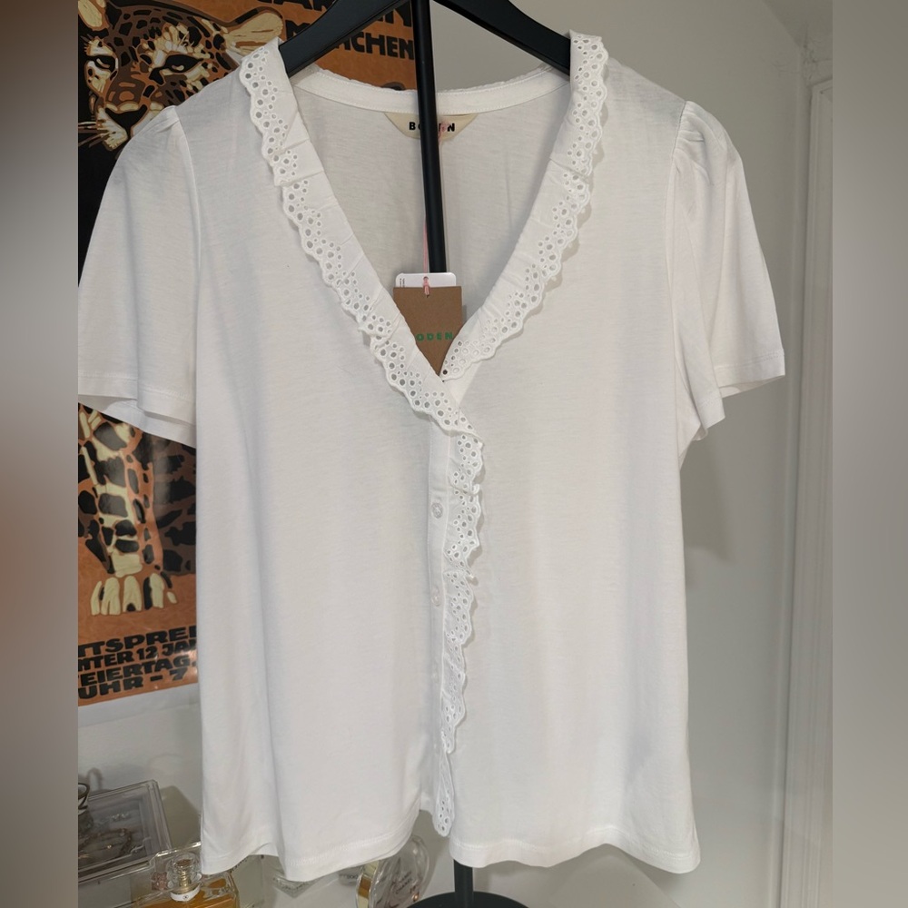 Boden “Broderie” V Neck White Blouse with Lace Detail